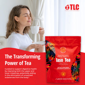 IASO Instant Tea Tropical Punch close-up of herbal blend with Senna and Chamomile.