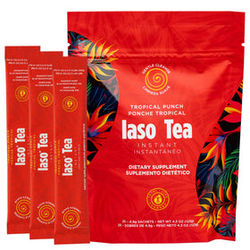 IASO Instant Tea Tropical Punch packaging with vibrant colors for a refreshing cleanse.