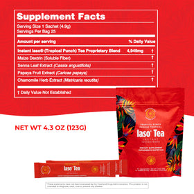 IASO Instant Tea Tropical Punch poured into glass with bright aroma and smooth texture.