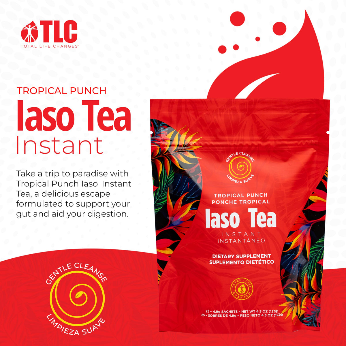 IASO Instant Tea Tropical Punch sachet showing premium ingredients and convenience.