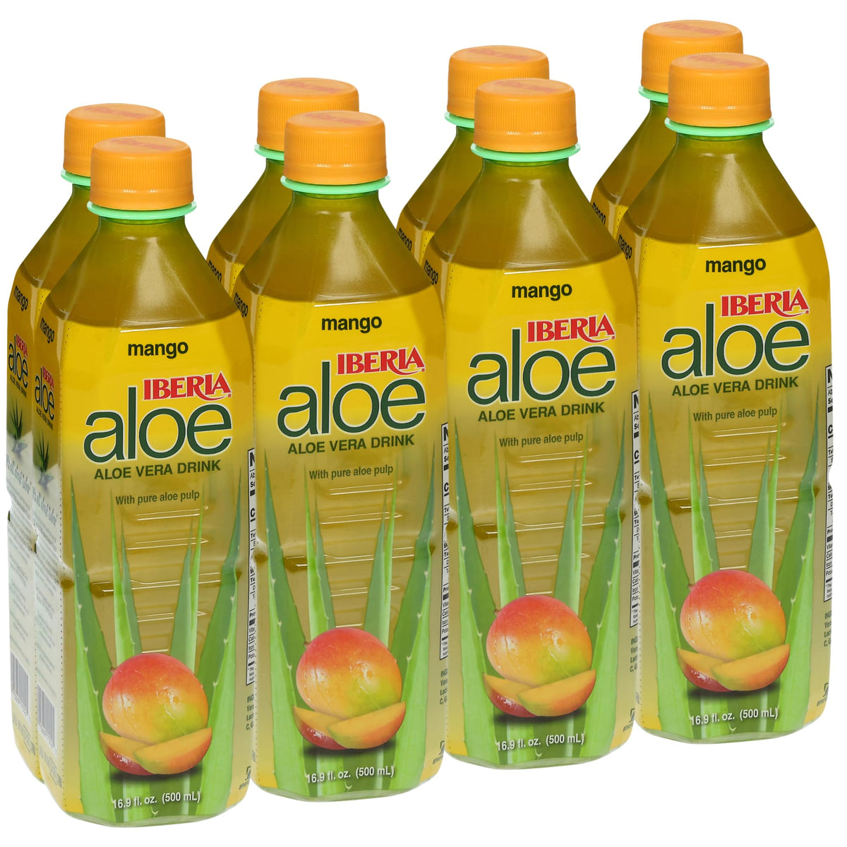 Iberia Aloe Vera Drink Mango bottle pour highlights refreshing hydration with aloe pulp.