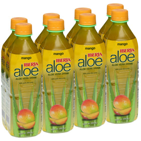 Iberia Aloe Vera Drink Mango bottle pour highlights refreshing hydration with aloe pulp.