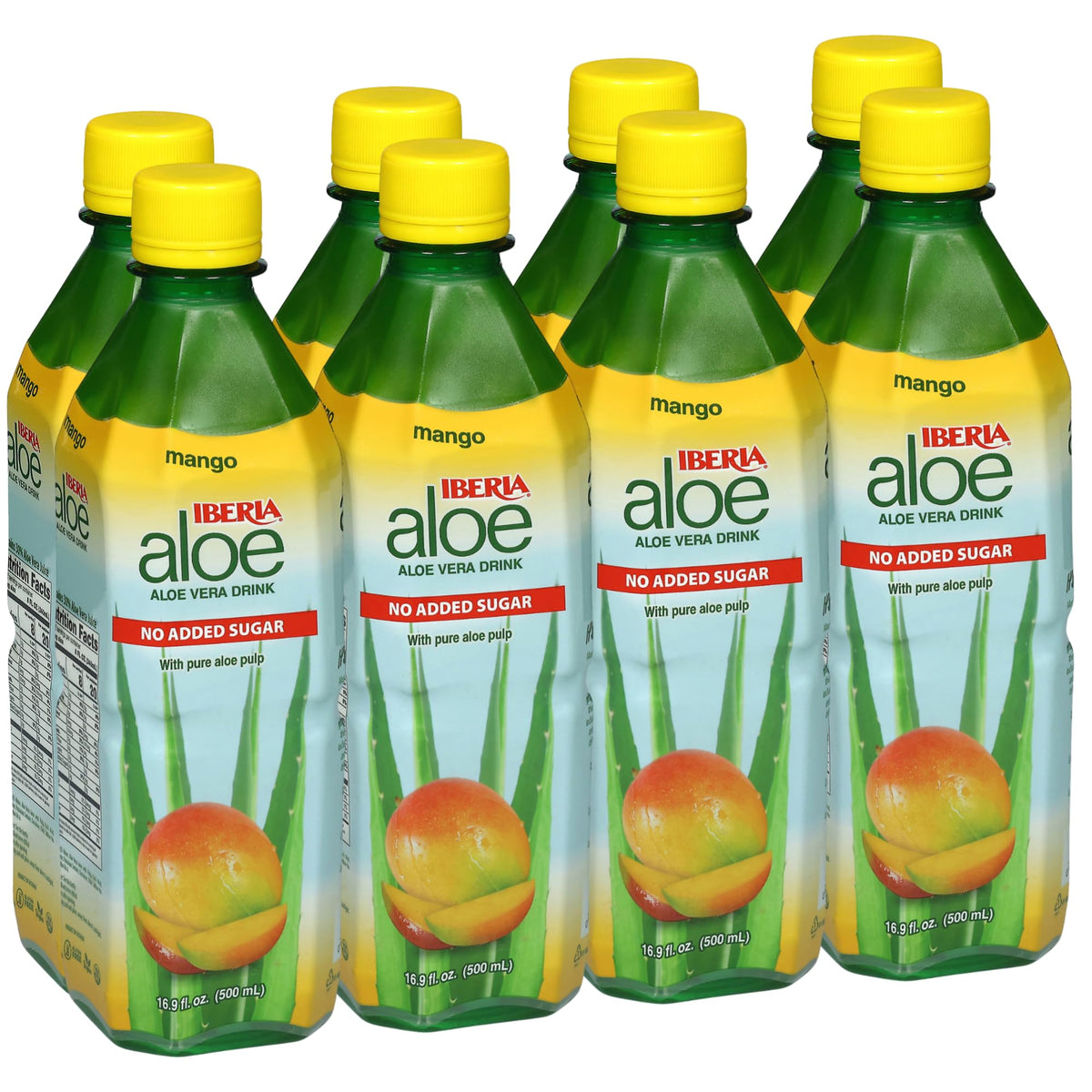 Iberia Aloe Vera Drink with Pulp Mango bottle shows no added sugar and real aloe pulp.