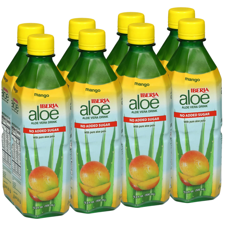 Iberia Aloe Vera Drink with Pulp Mango bottle shows no added sugar and real aloe pulp.