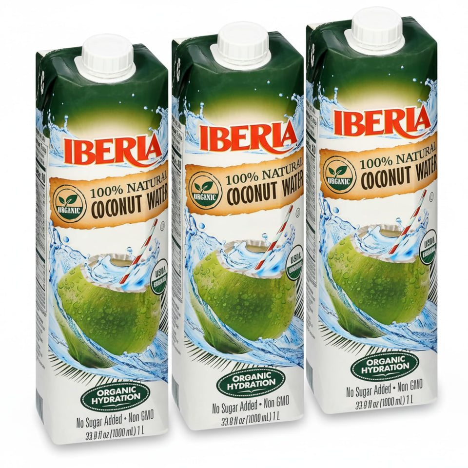 Iberia coconut water bottle pour, refreshing hydration after workouts