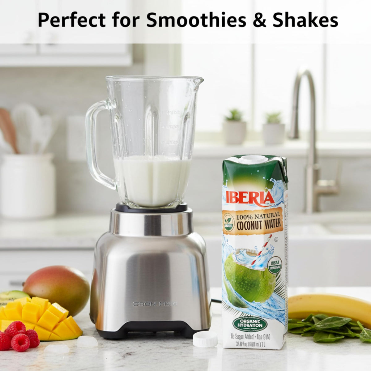 Iberia coconut water in a glass with ice, electrolytes for quick refreshment