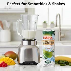 Iberia coconut water in a glass with ice, electrolytes for quick refreshment