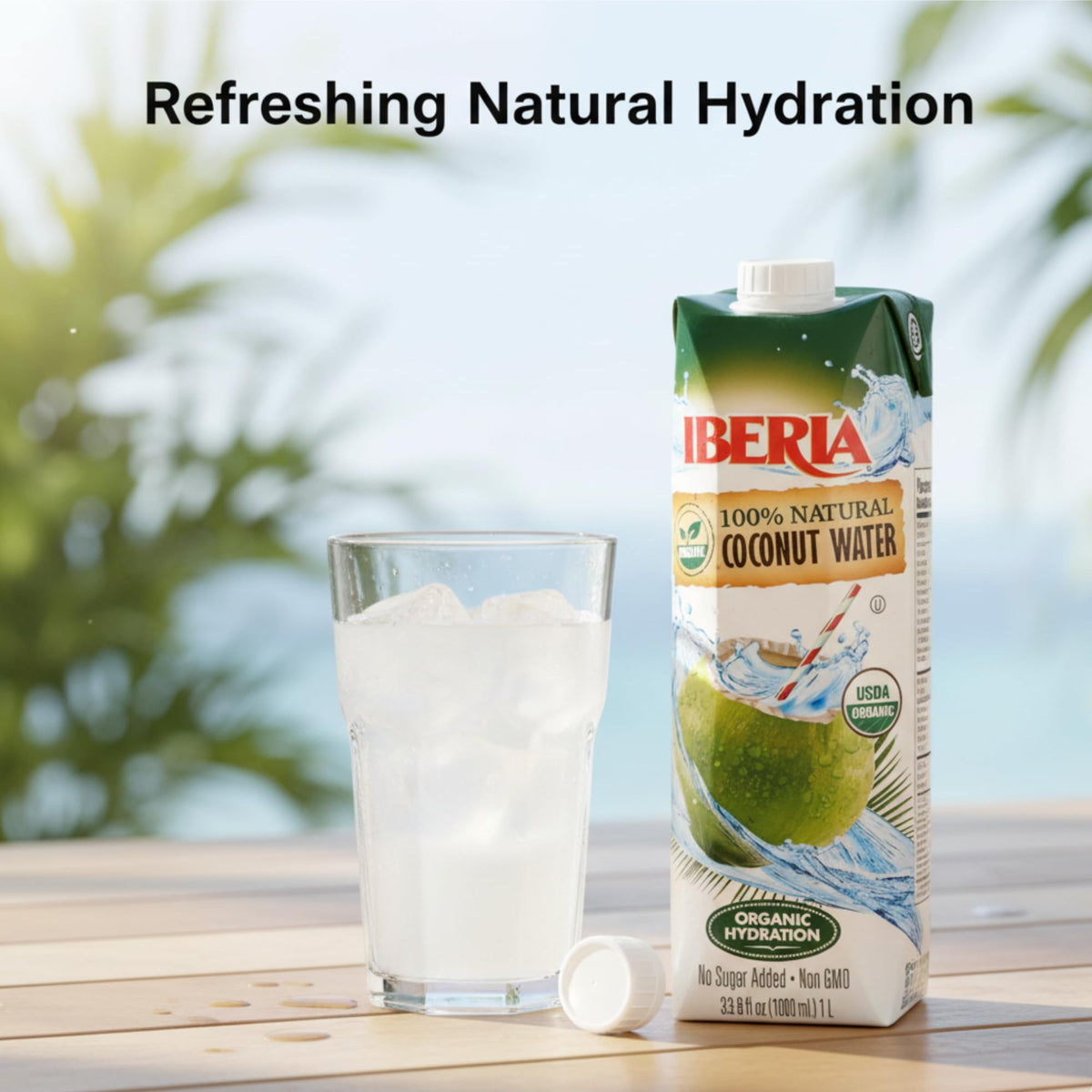 Iberia coconut water label closeup, organic and 100 percent natural
