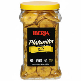 Iberia Garlic Plantain Chips jar shows crunchy, garlicky flavor for snacking