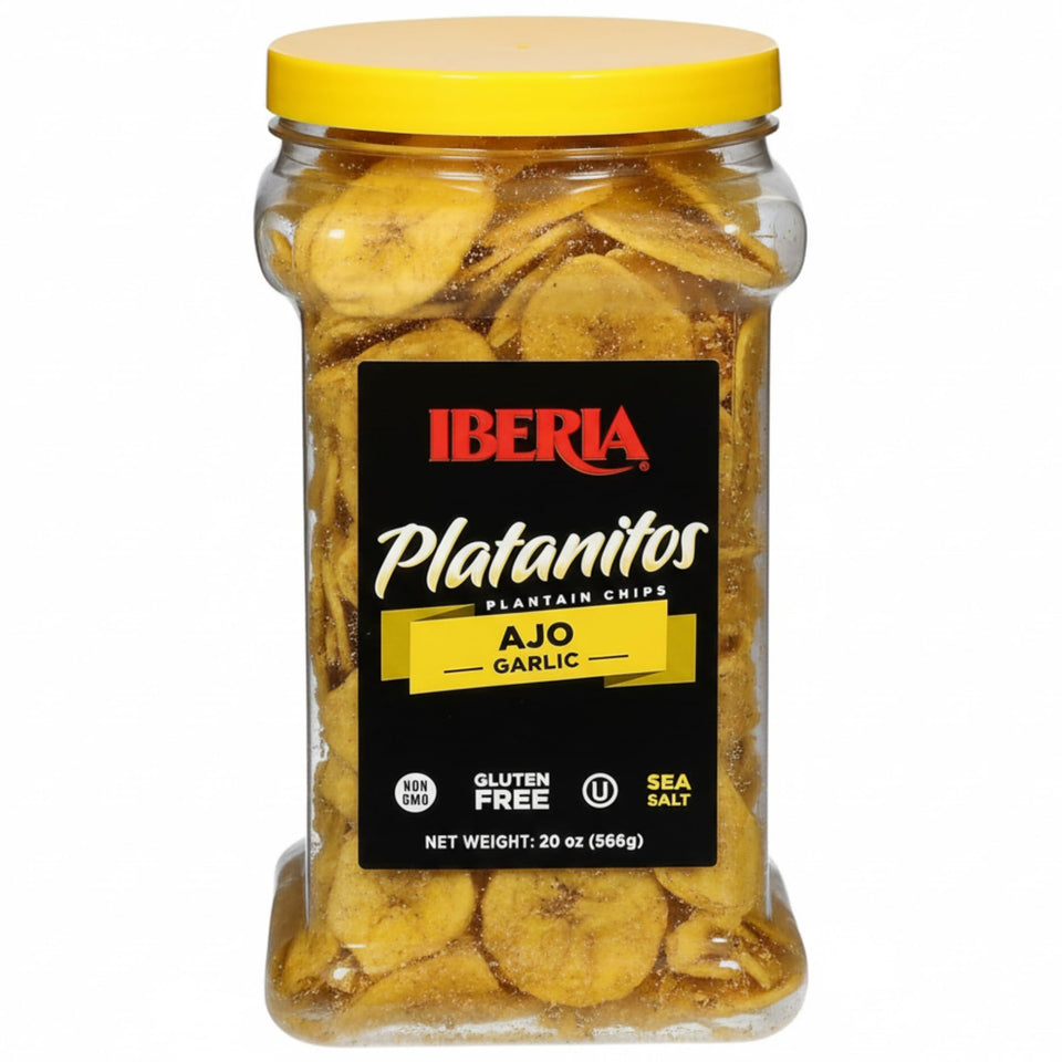 Iberia Garlic Plantain Chips jar shows crunchy, garlicky flavor for snacking