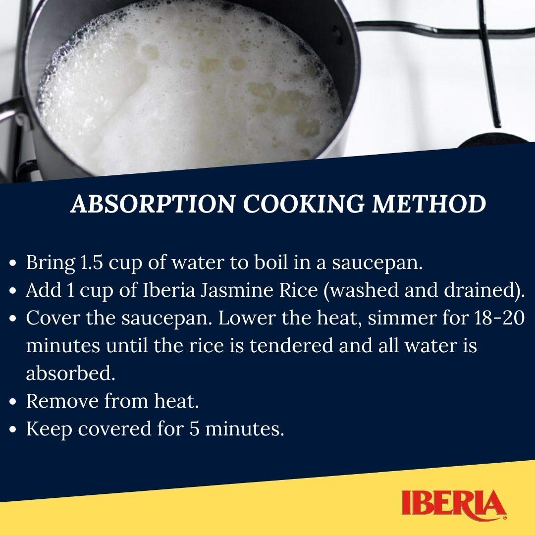 Iberia jasmine rice steaming on stove in a pot, easy 15-20 minute preparation.