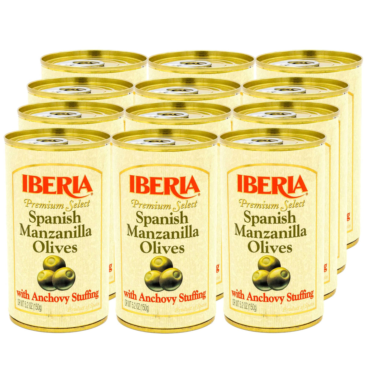 Iberia Manzanilla olives stuffed with anchovies in a closeup can, ideal for tapas parties.