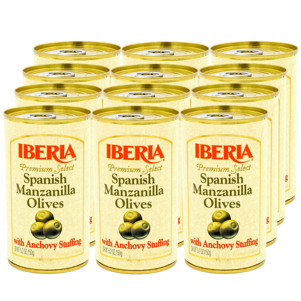 Iberia Manzanilla olives stuffed with anchovies in a closeup can, ideal for tapas parties.