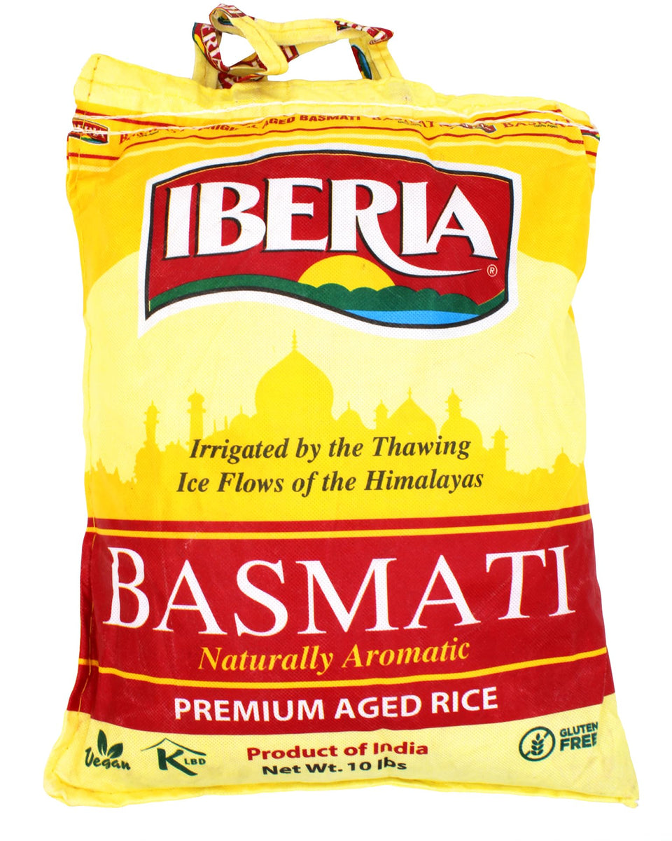 Iberia Premium Aged Indian Basmati Rice 10 lb bag close-up, fragrant staple for everyday meals.