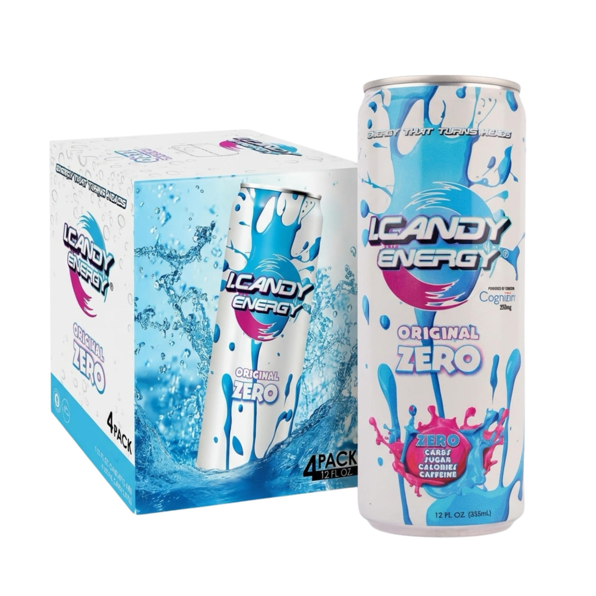 I.CANDY ZERO energy drink can front displays caffeine-free energy and bold flavor.