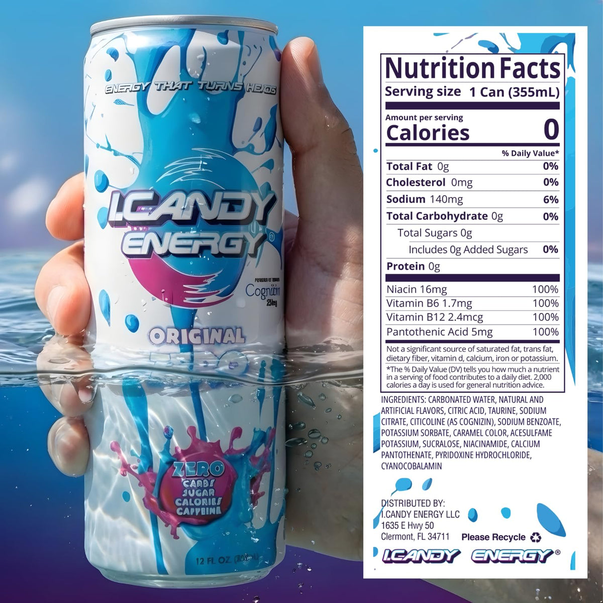 I.CANDY ZERO energy can sideview highlights zero sugar and zero calories.