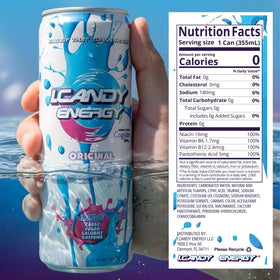 I.CANDY ZERO energy can sideview highlights zero sugar and zero calories.