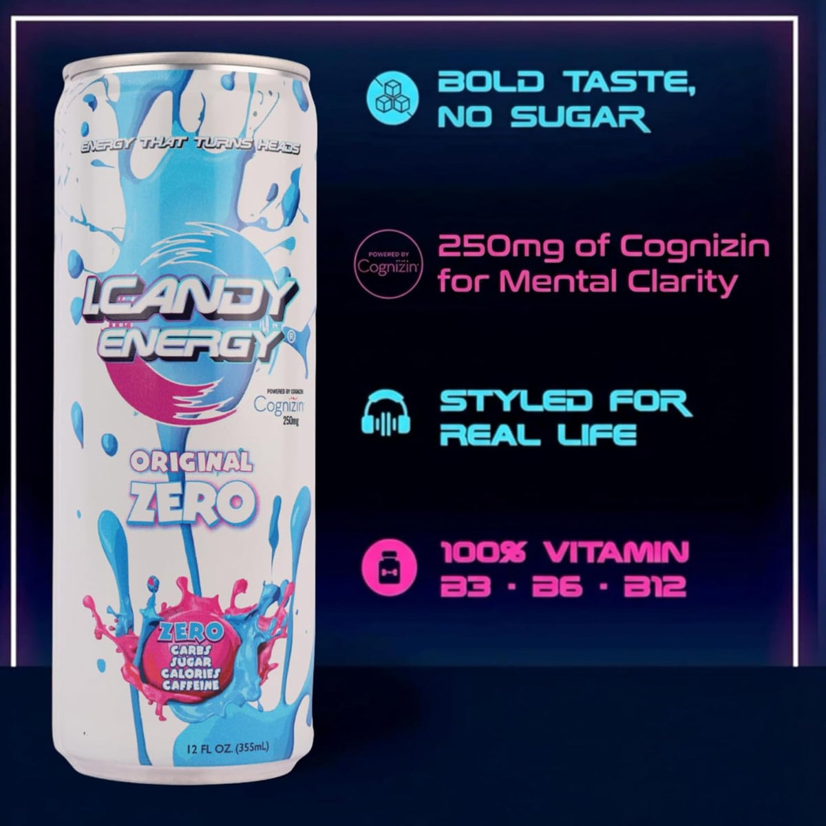 I.CANDY ZERO energy pack-shot emphasizes convenient 4-pack for busy days.