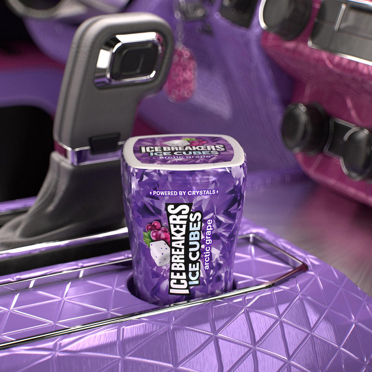 Office desk with Ice Breakers Arctic Grape cube bottle