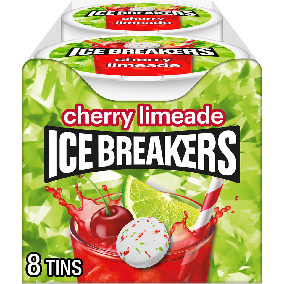 ICE BREAKERS Cherry Limeade sugar-free mints in a tin for on-the-go freshness.