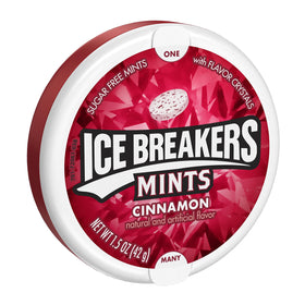 Ice Breakers Cinnamon flavor crystals mints for quick breath refresh on the go.