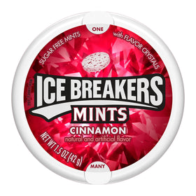 Eight-tin Ice Breakers Cinnamon Mints box highlighting convenient packaging.