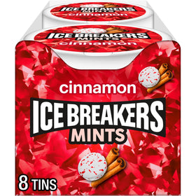 Ice Breakers Cinnamon Mints tin front view for on-the-go freshness.