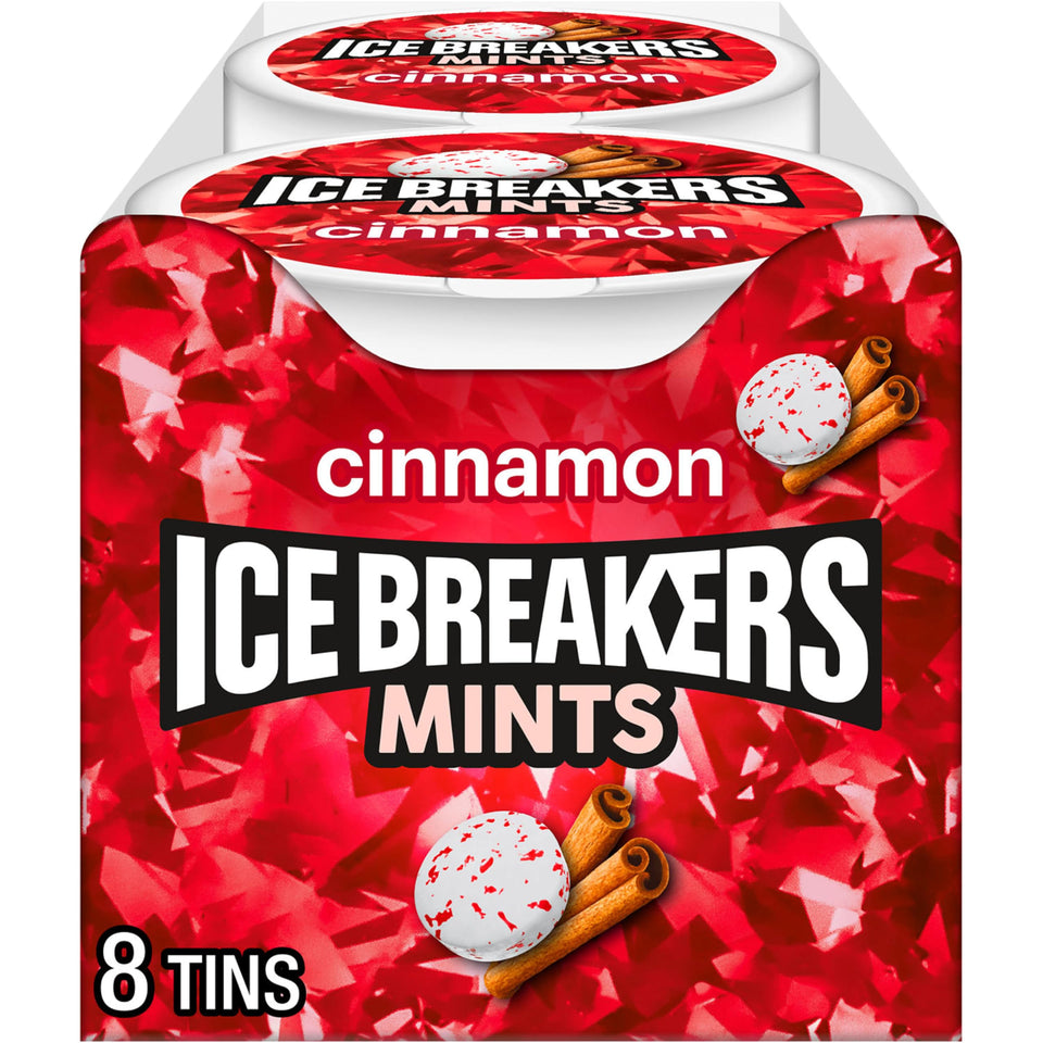 Ice Breakers Cinnamon Mints tin front view for on-the-go freshness.