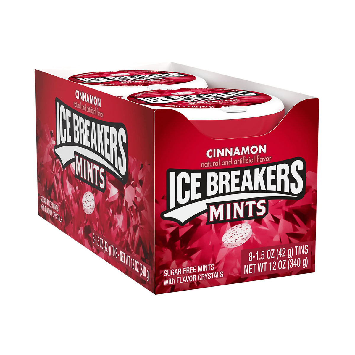 Open Ice Breakers Cinnamon Mints tin showing mints inside.