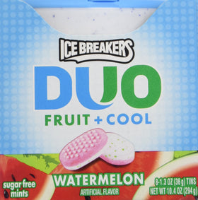 Ice Breakers Duo eight-tin set on table signals portable, fruity mint for travel.