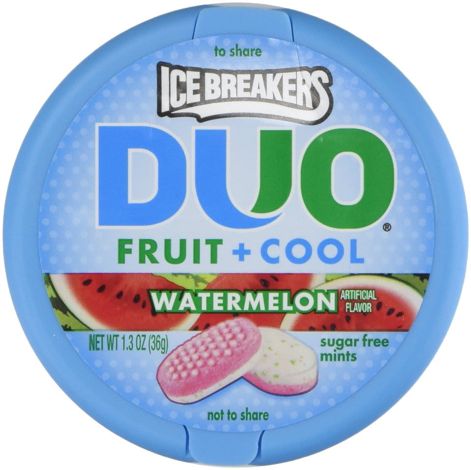 Ice Breakers Duo Fruit Cool Watermelon tin front view with cooling crystals for fresh breath.