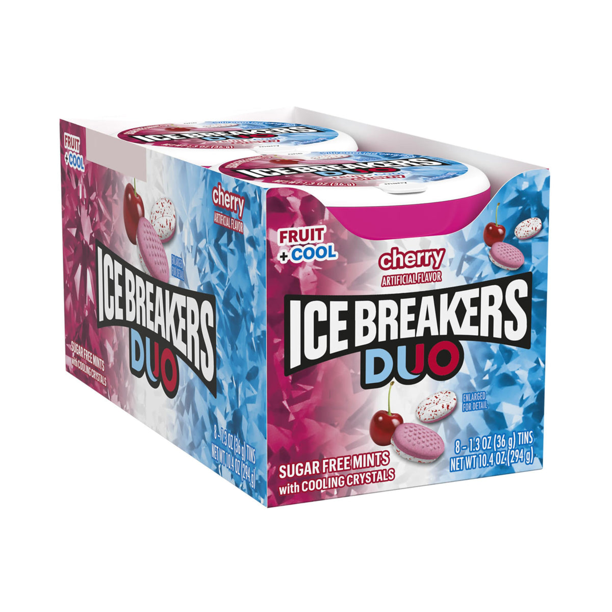 Ice Breakers Duo cherry mint closeup showing cooling crystals