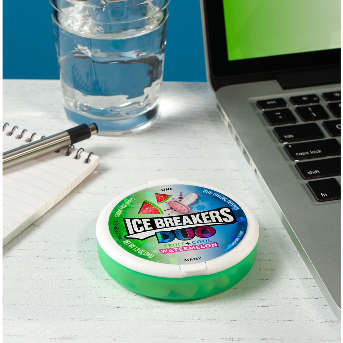 Ice Breakers Duo Mints on a desk ready for a breath refresh.