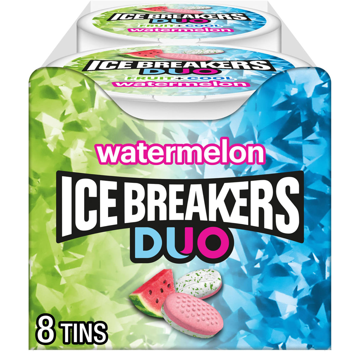 Ice Breakers Duo Watermelon Mints tin packaging with refreshing cooling crystals.