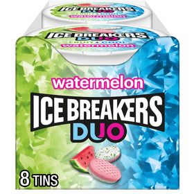 Ice Breakers Duo Watermelon Mints tin packaging with refreshing cooling crystals.