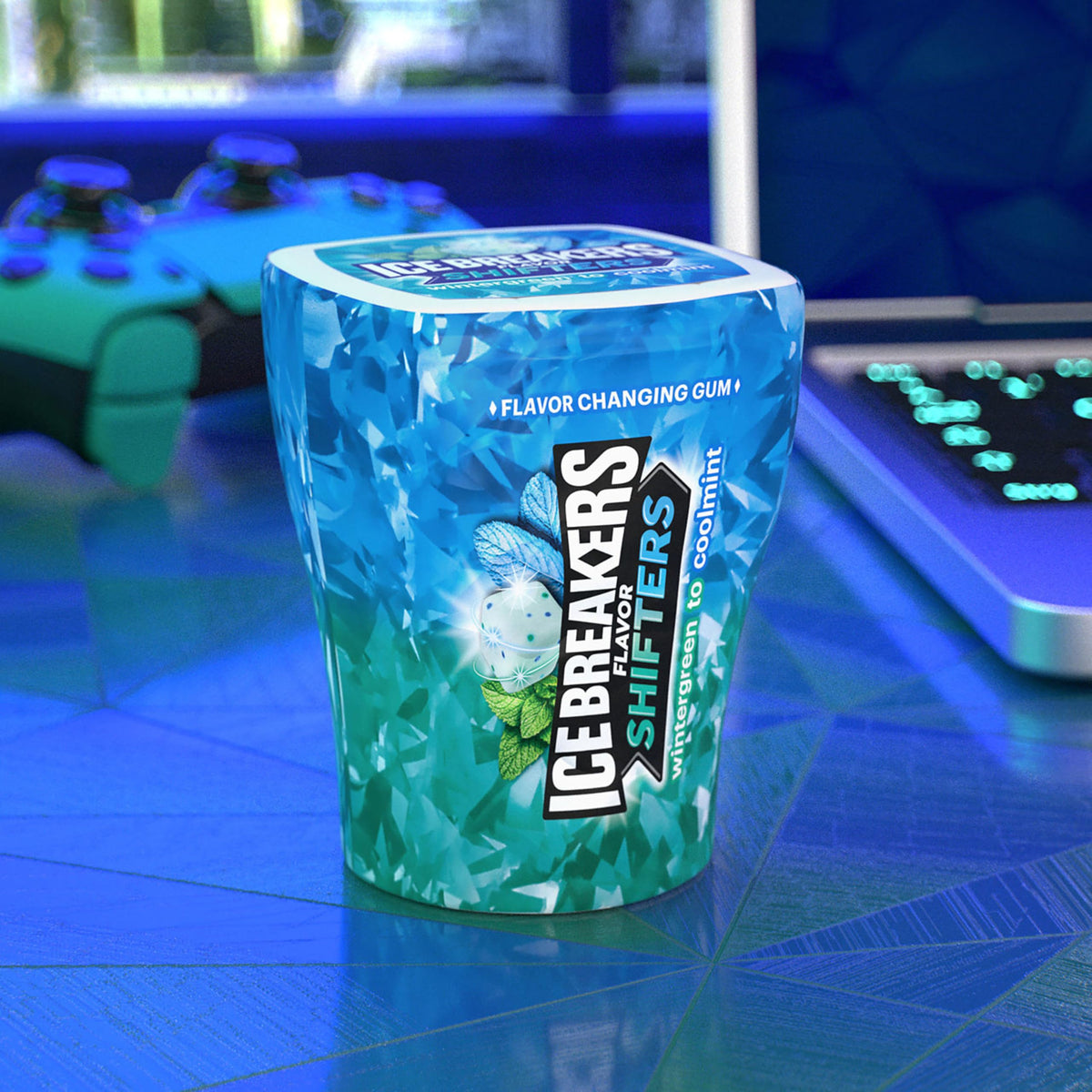 Close-up of Ice Breakers Flavor Shifters packaging with xylitol for sugar-free refreshment