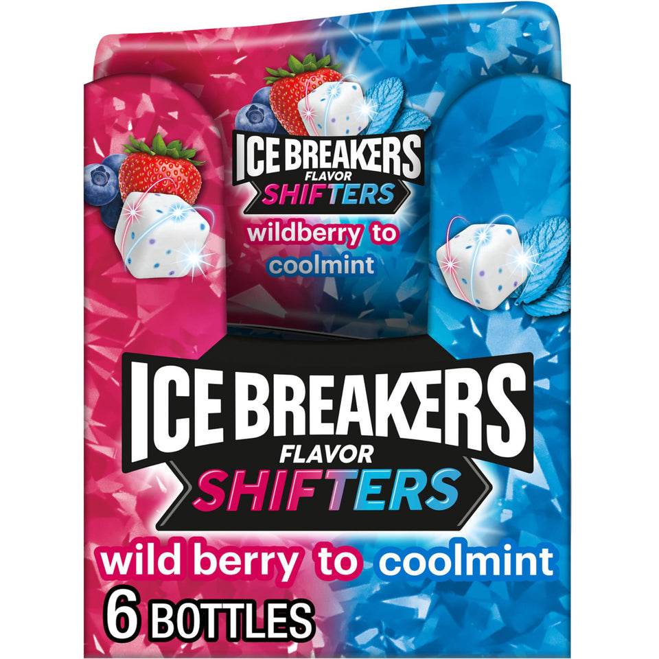 Ice Breakers Flavor Shifters Wild Berry to Coolmint bottle for on-the-go freshness.