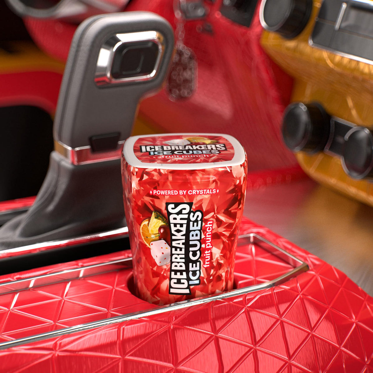 Ice Breakers Fruit Punch bottle in car cup holder ready