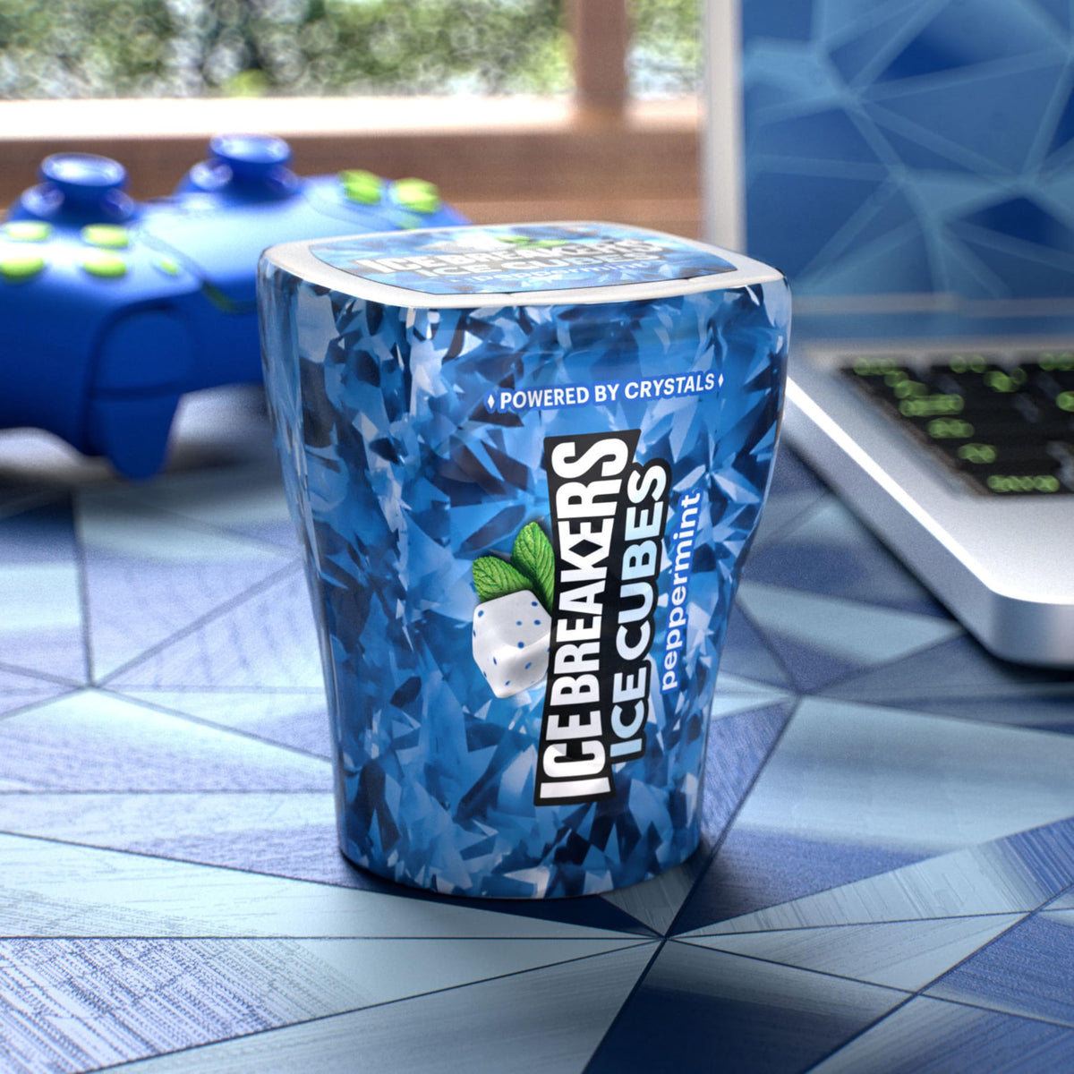 Car cup holder with Ice Breakers Ice Cubes bottle ready for breath refresh.