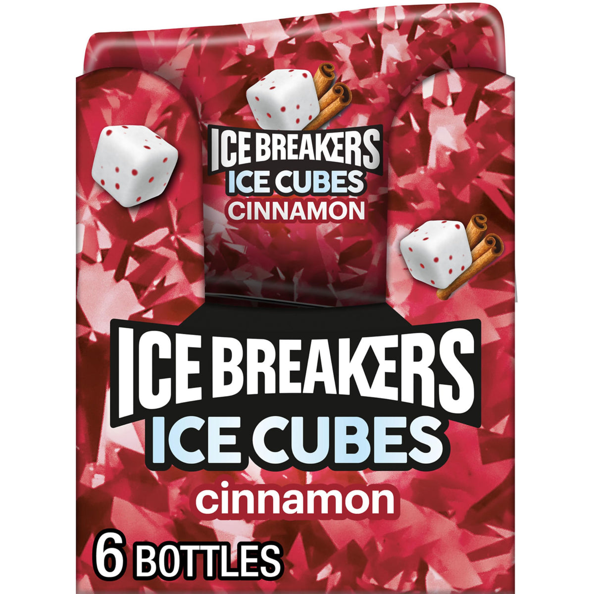 Ice Breakers Ice Cubes Cinnamon gum bottles front view, six-pack portability for fresh breath on the go.
