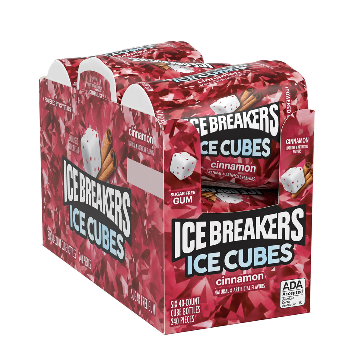 Ice Breakers Ice Cubes Cinnamon gum bottles side view, easy-to-carry packaging for travel and work.