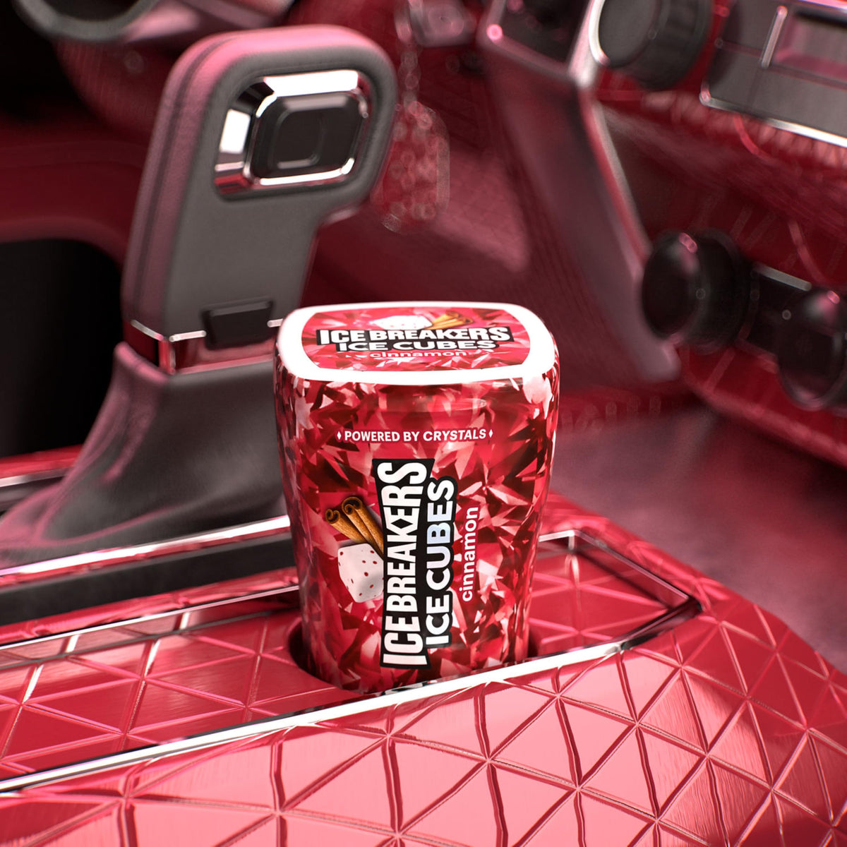 Ice Breakers Ice Cubes Cinnamon pocket-friendly bottle, ideal for bags or car compartments.