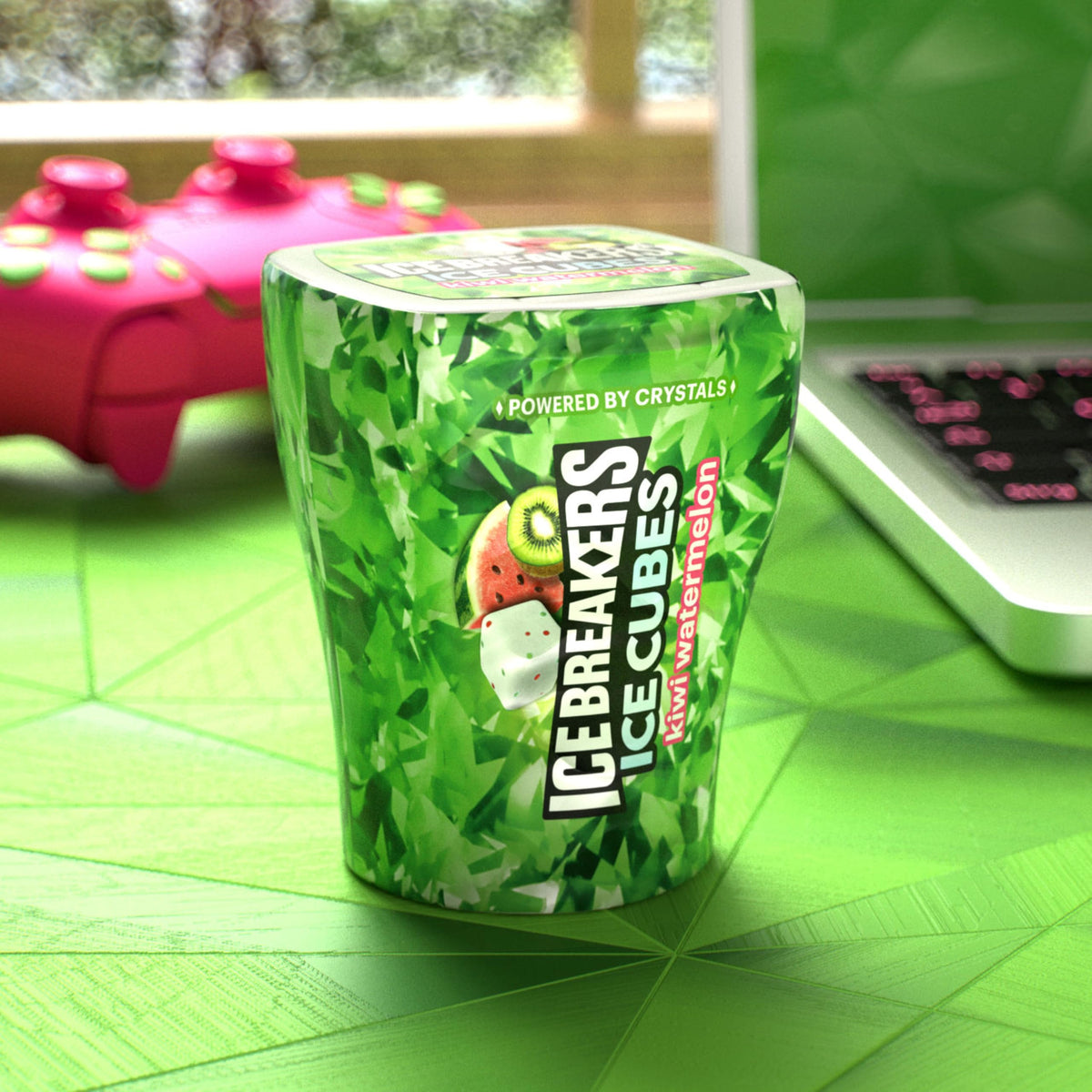 Ice Breakers Ice Cubes kiwi watermelon gum pieces closeup with fruity flavor notes