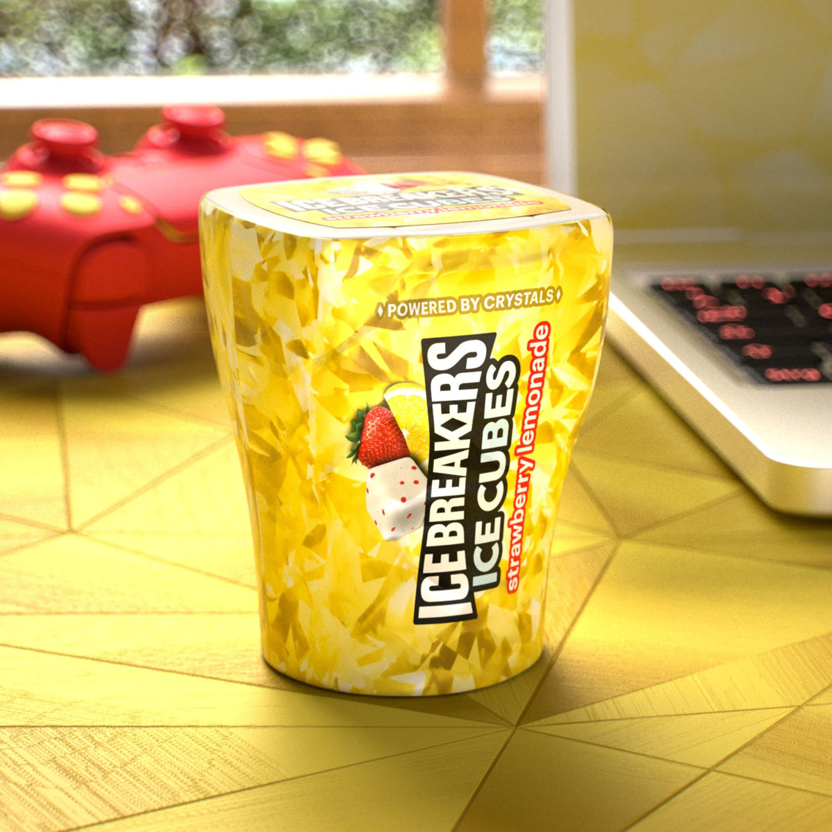 Ice Breakers Ice Cubes packaging closeup, sugar-free gum in cube bottles for sharing