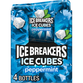 Ice Breakers Ice Cubes peppermint bottles four-pack for on-the-go freshness.