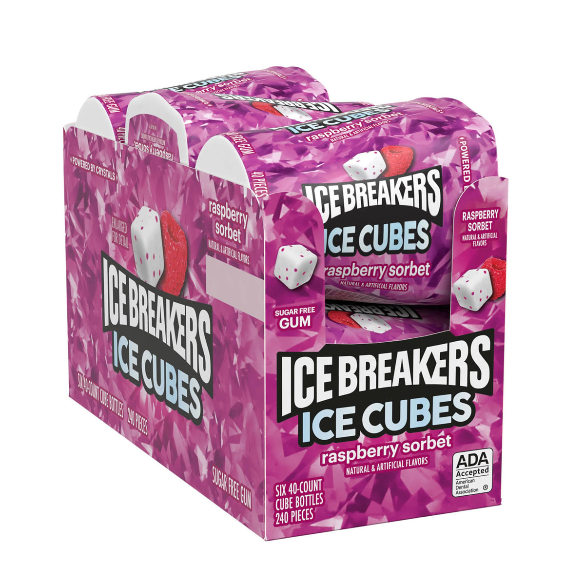Ice Breakers Raspberry Sorbet Ice Cubes box shows six-pack packaging for sharing