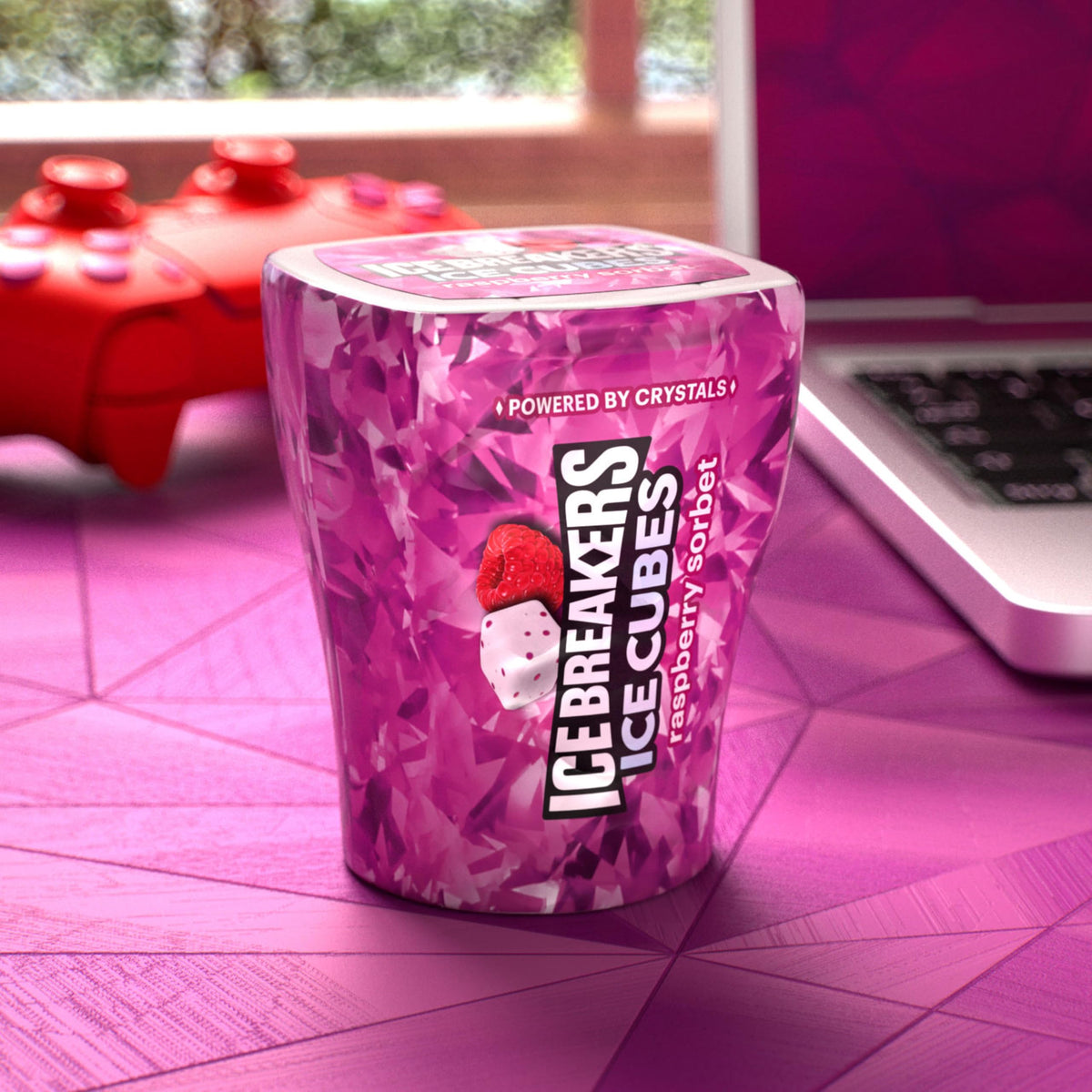 Ice Breakers Raspberry Sorbet Ice Cubes packaging highlighting six bottles