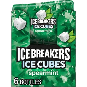 Ice Breakers Ice Cubes spearmint bottle front showing on-the-go freshness.