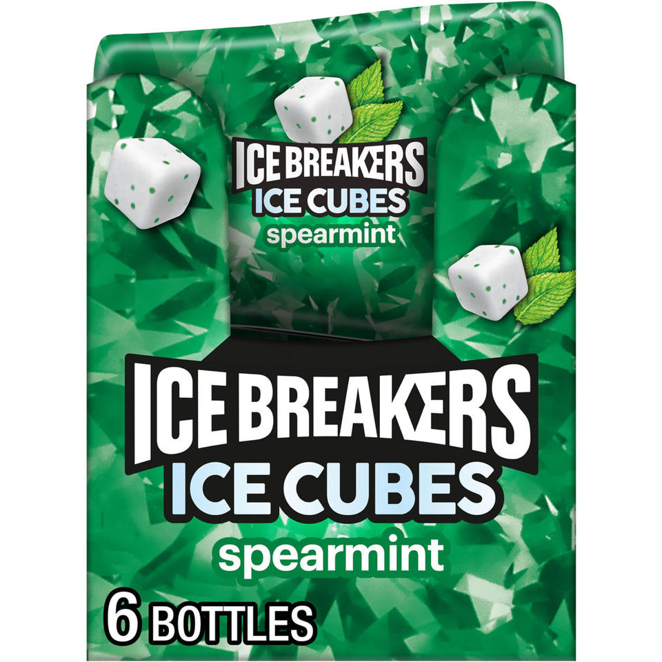 Ice Breakers Ice Cubes spearmint bottle front showing on-the-go freshness.