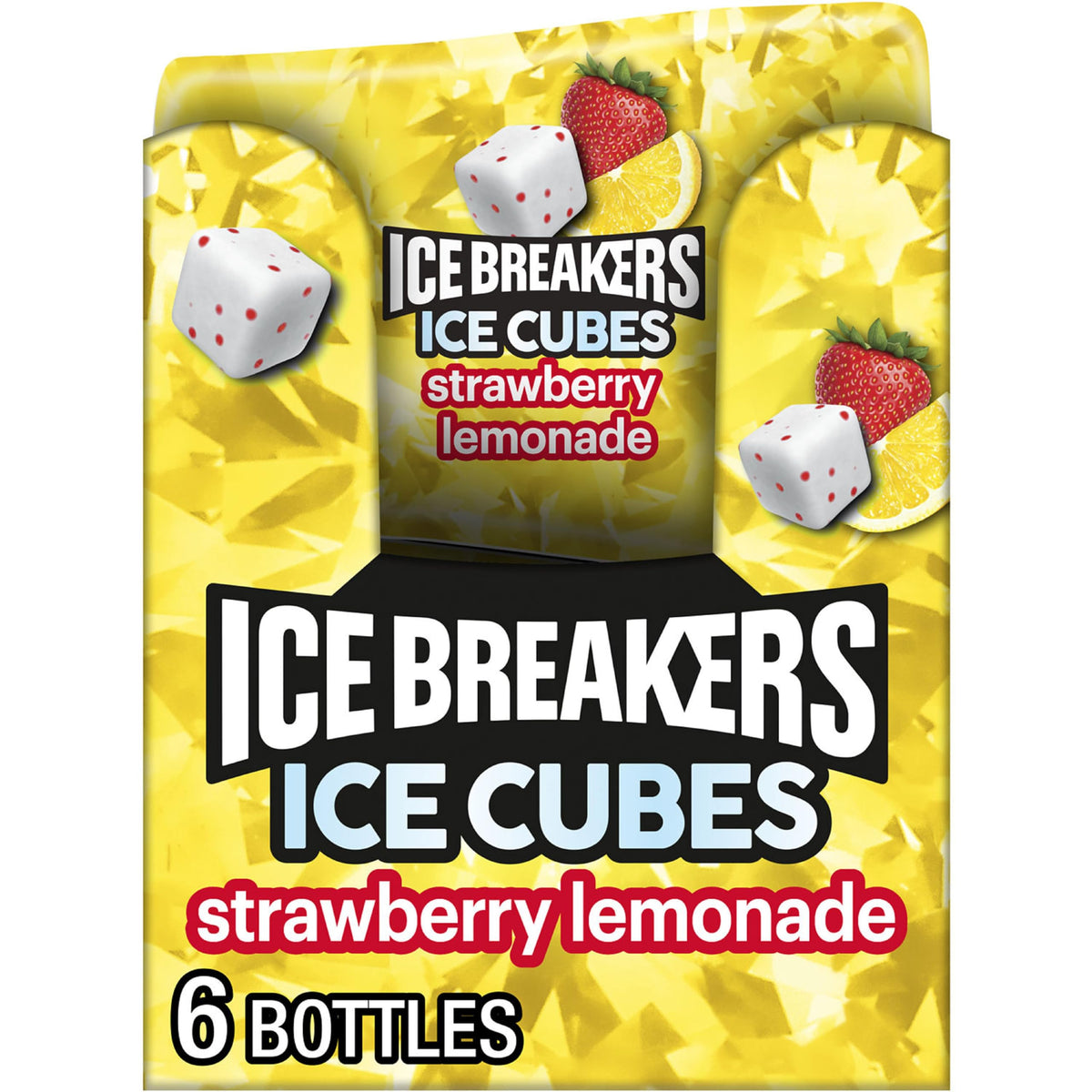 Ice Breakers Ice Cubes Strawberry Lemonade bottle front, six cube bottles for convenient on-the-go freshness